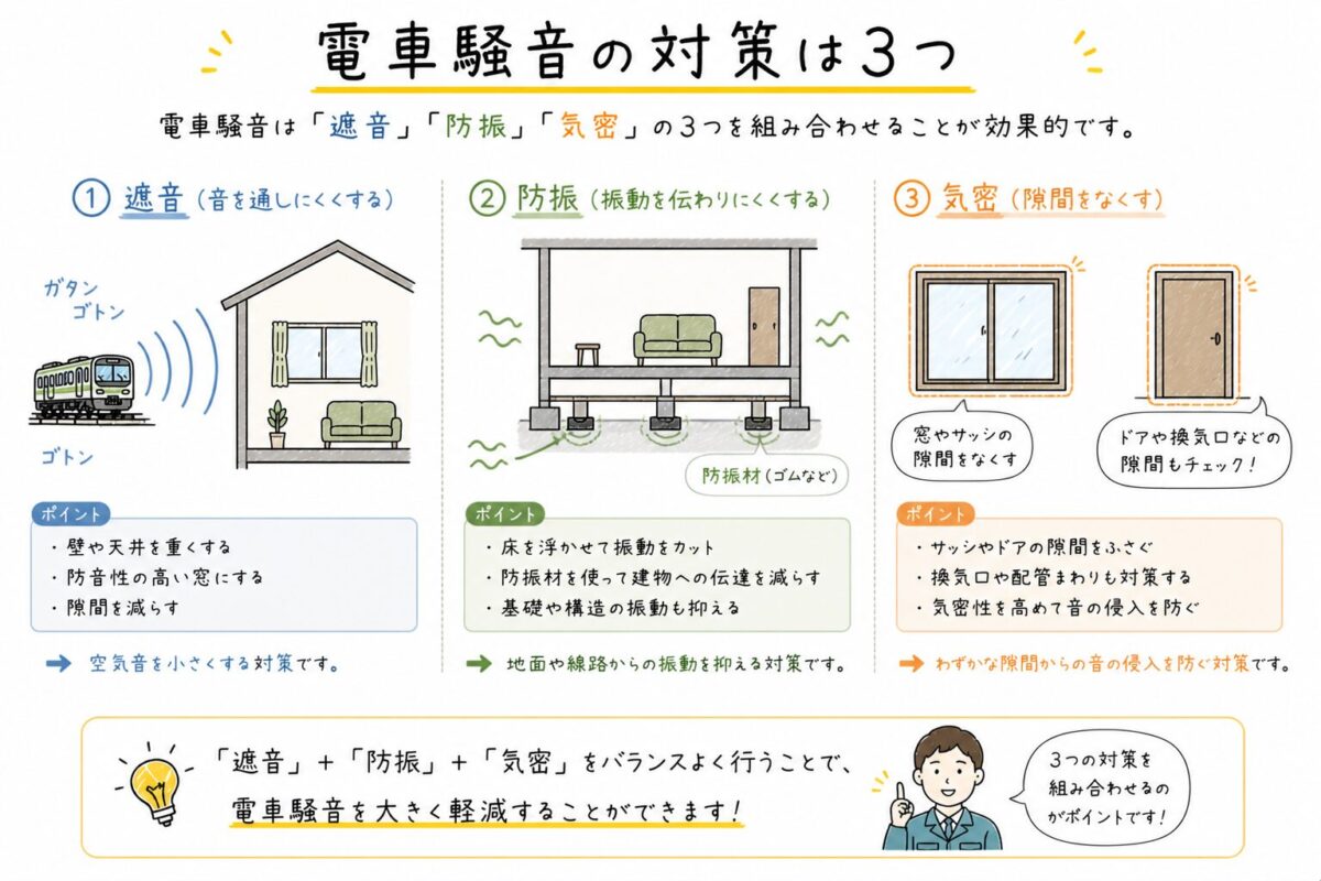 電車騒音の対策は3つの図解