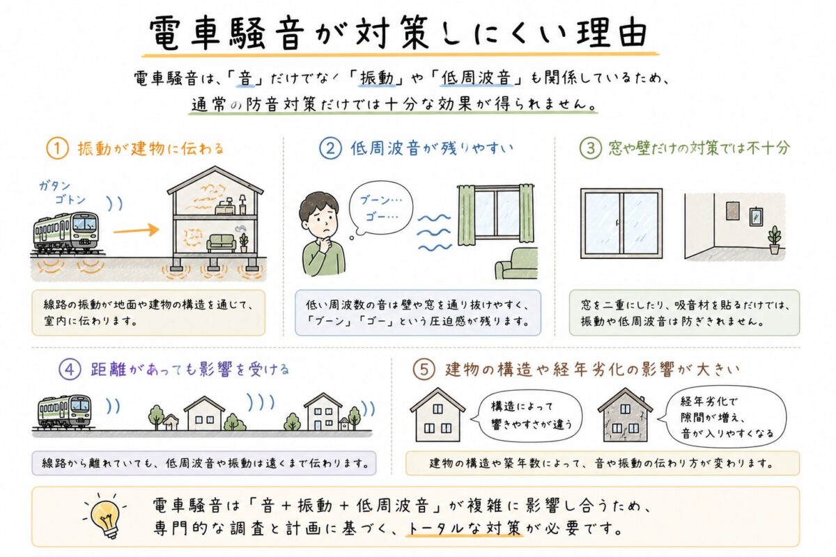 電車騒音が対策しにくい理由の図解