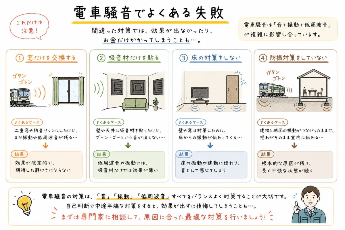 電車騒音でよくある失敗の図解