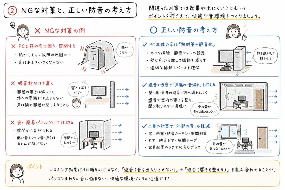 パソコン防音対策の失敗例と正しい対策を比較した手書きイラスト。PCの密閉や吸音だけでは不十分で、排熱や遮音を含めた対策が重要であることを示した図
