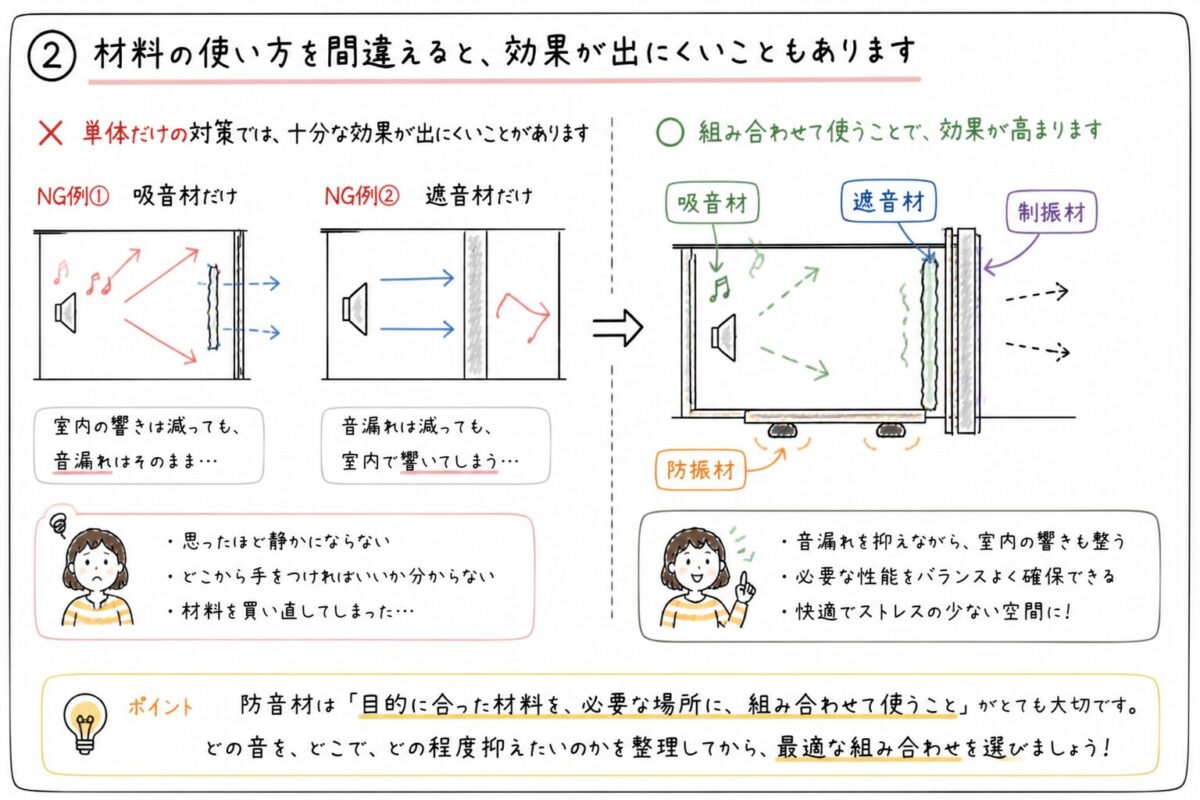 防音対策の組み合わせの重要性を解説した図。吸音材と遮音材、防振材を組み合わせた正しい防音方法を説明