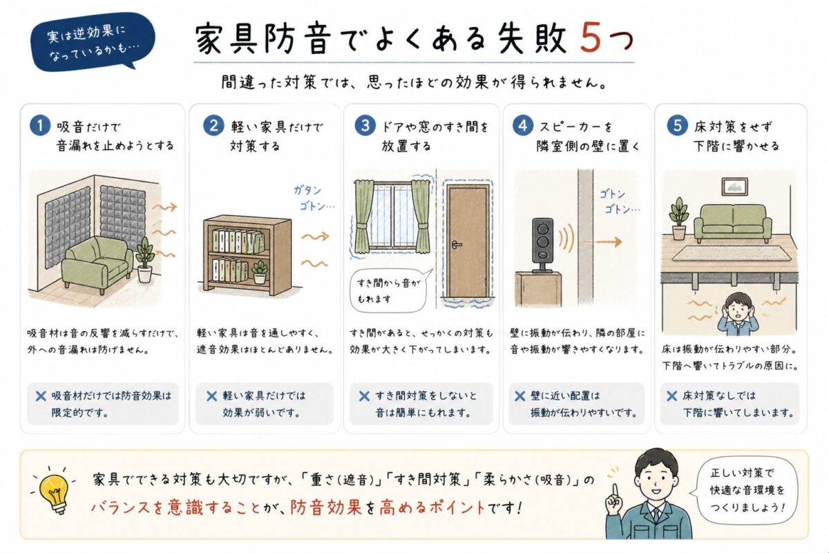 家具防音でよくある失敗の図解