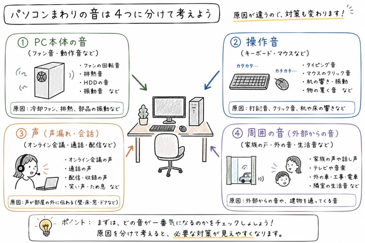 パソコンまわりの音の種類を整理した手書きイラスト。PC本体の音、操作音、声、周囲の音の4つに分けて原因をわかりやすく示した図