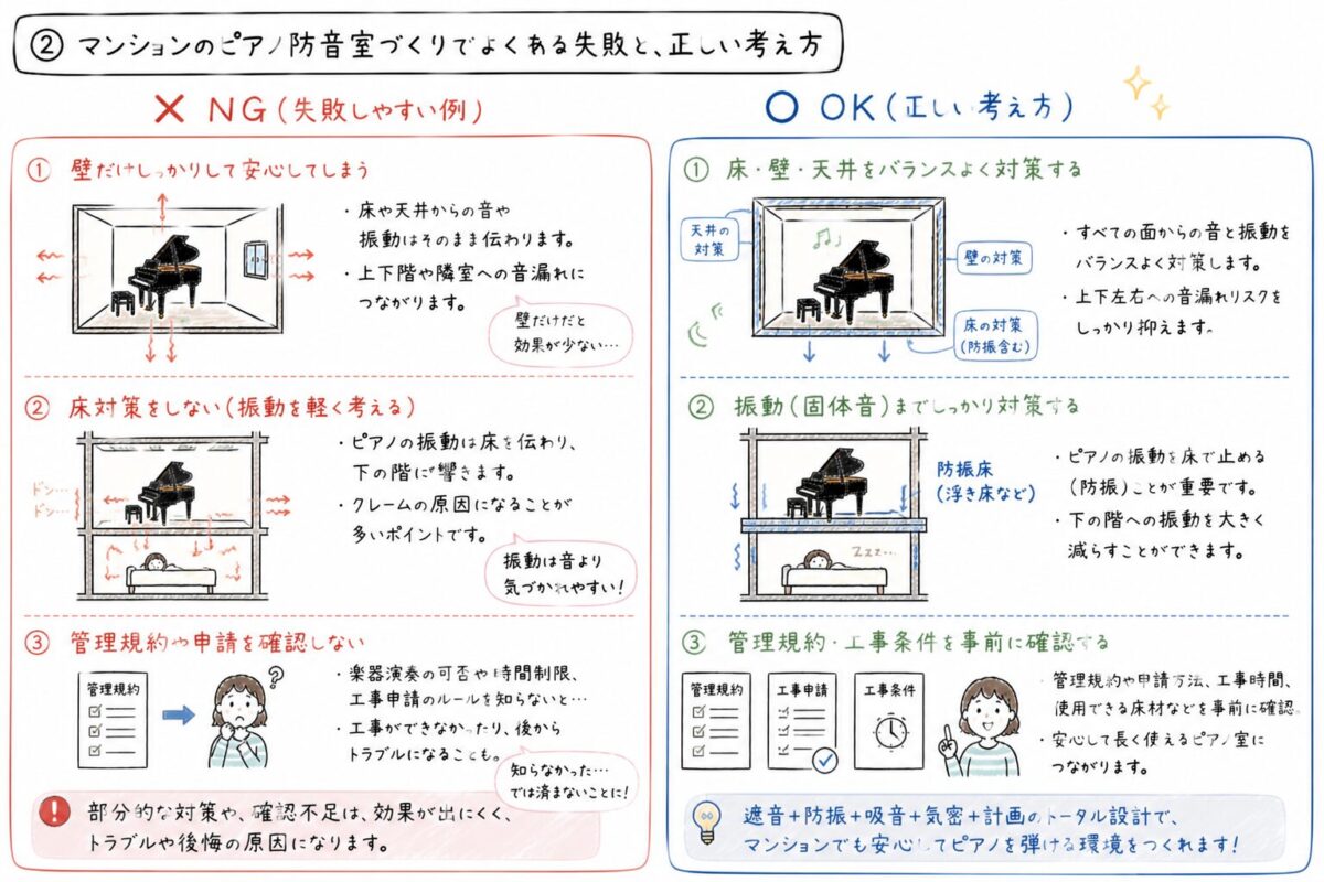 マンションのピアノ防音での失敗例と正しい対策を比較した手書きイラスト。壁だけでなく床の防振や上下左右への配慮、管理規約の確認が重要であることを示した図