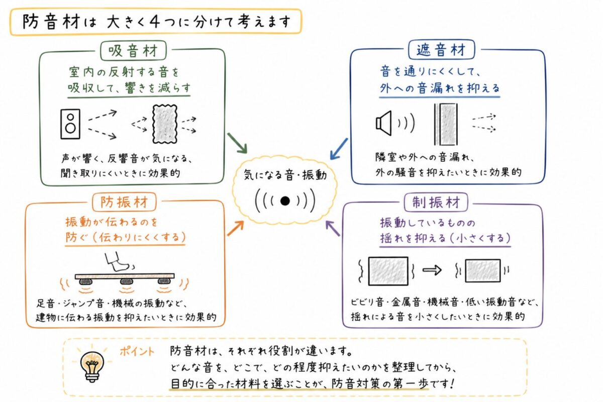 防音材の種類の違いを説明した手書きイラスト。吸音材、遮音材、防振材、制振材の役割を音の動きとともにシンプルに解説した図