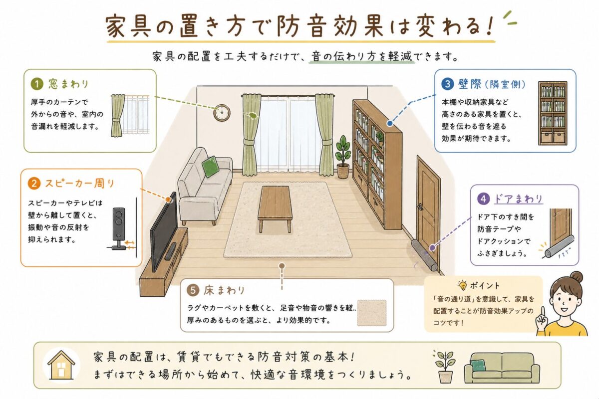 家具の置き方で防音効果は変わるの図解