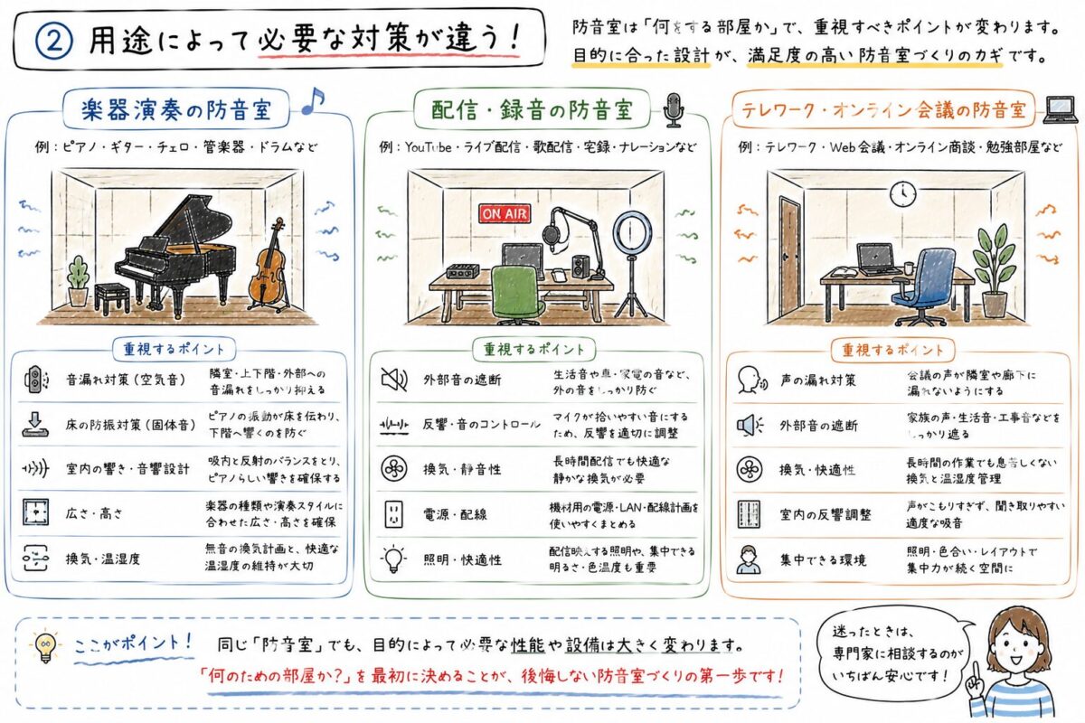 防音室の用途ごとに必要な対策の違いを比較した手書きイラスト。楽器演奏、配信、テレワークで重視するポイントの違いを整理した図