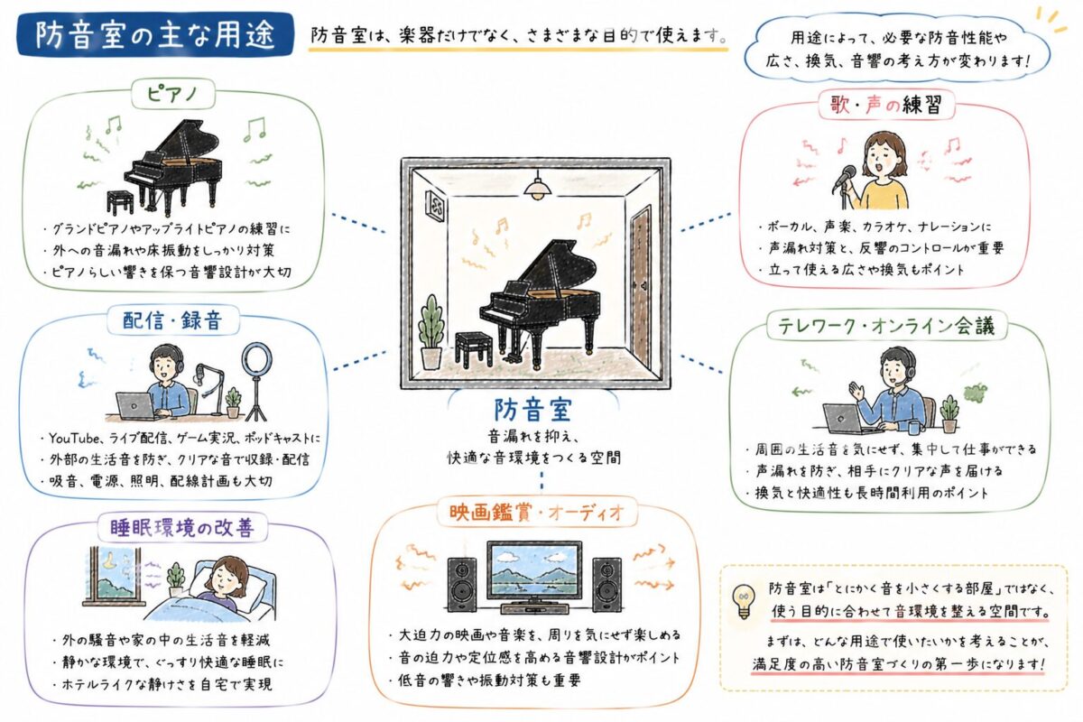 防音室のさまざまな用途をまとめた手書きイラスト。ピアノ、歌、配信、テレワーク、映画鑑賞、睡眠環境改善などの使い方をわかりやすく整理した図