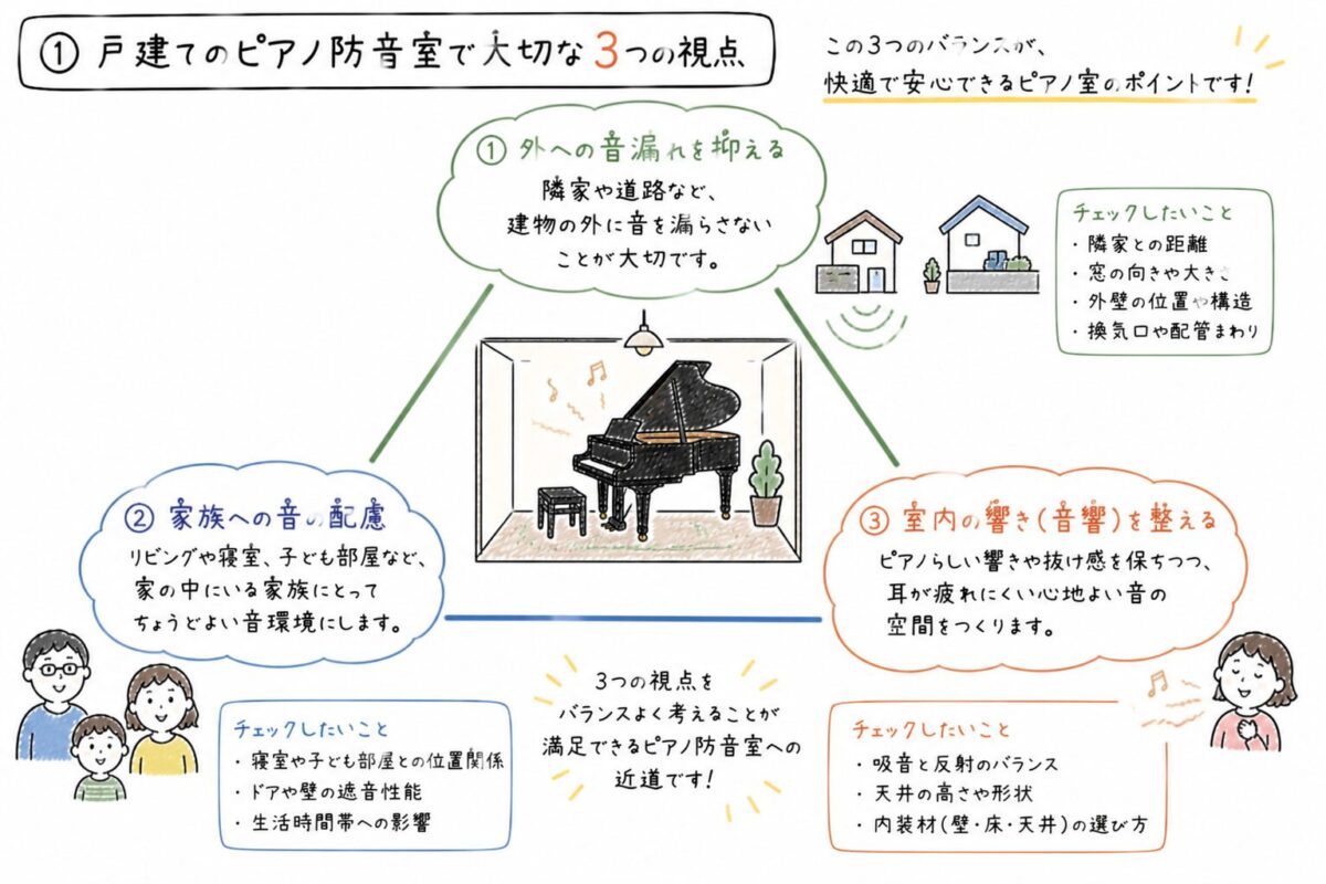 戸建てのピアノ防音室で重要な3つの視点を示した手書きイラスト。外への音漏れ、家族への配慮、室内の響きのバランスをわかりやすく解説した図