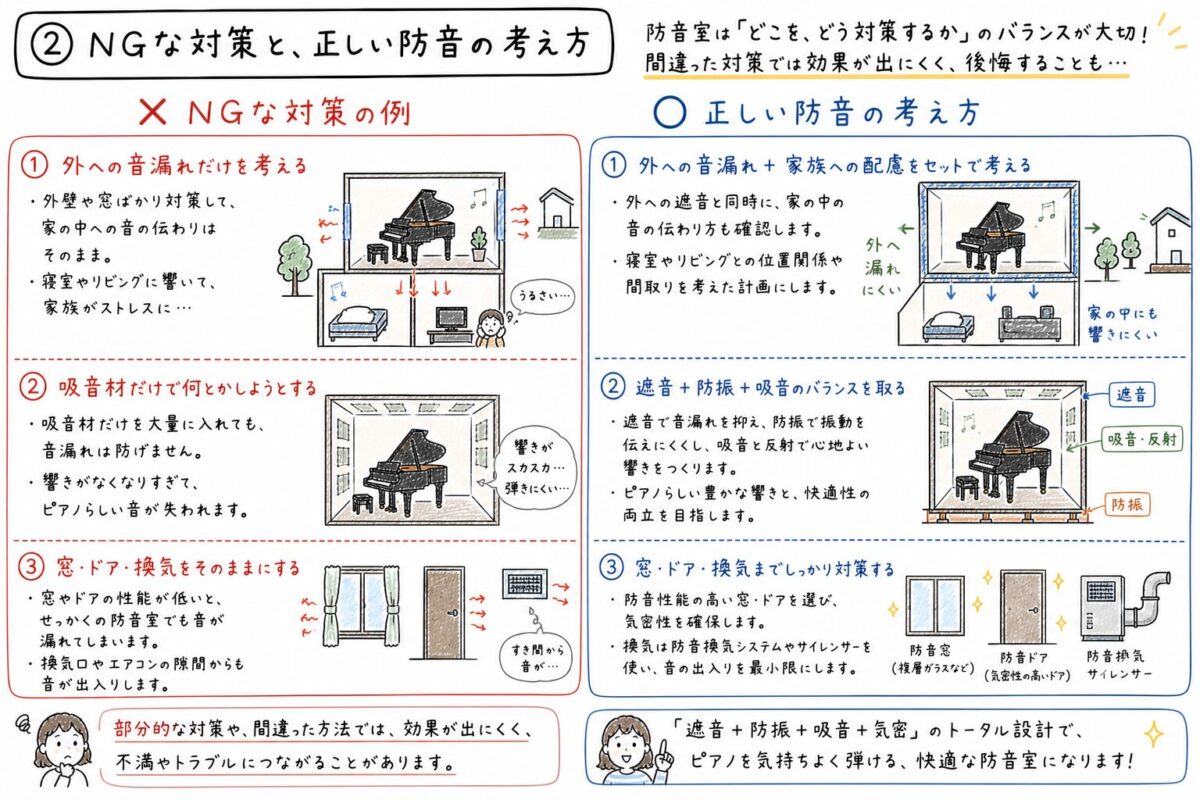 戸建てピアノ防音室の失敗例と正しい設計を比較した手書きイラスト。外への音漏れだけでなく家族への配慮や室内の響きも含めたバランス設計の重要性を示した図
