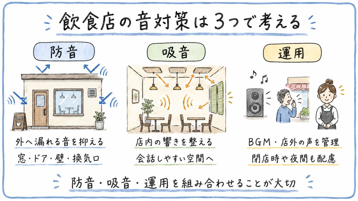 防音・吸音・運用で対策する図