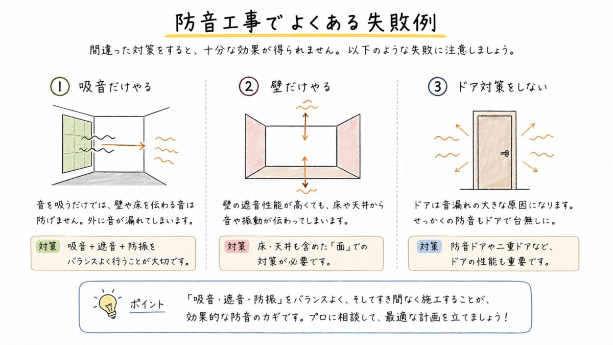防音工事のよくある失敗図解