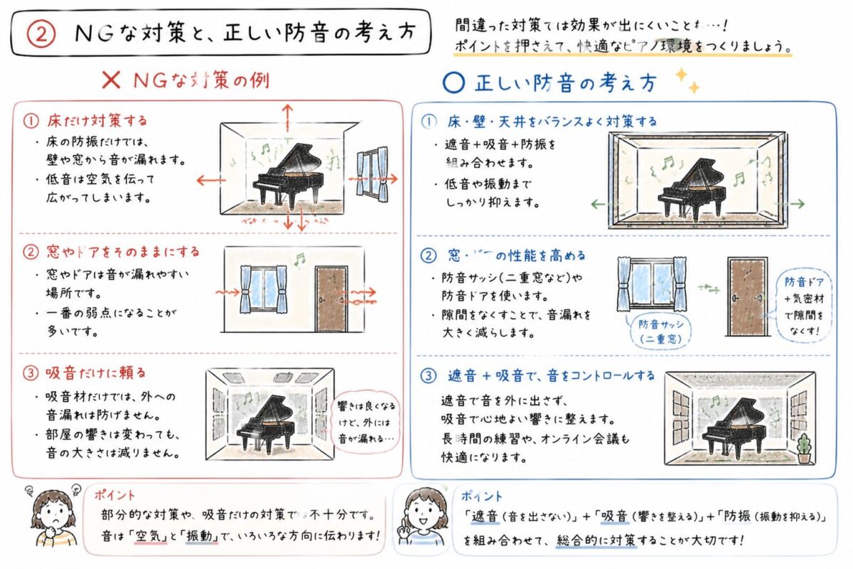 グランドピアノ防音の失敗例と正しい対策を比較した手書きイラスト。床だけの対策では不十分で、壁や窓、ドアを含めた総合的な防音が必要であることを示した図