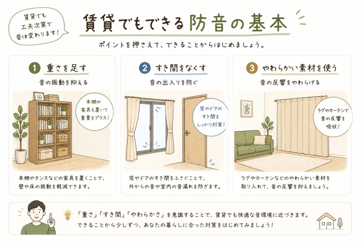 賃貸でもできる防音の基本の図解