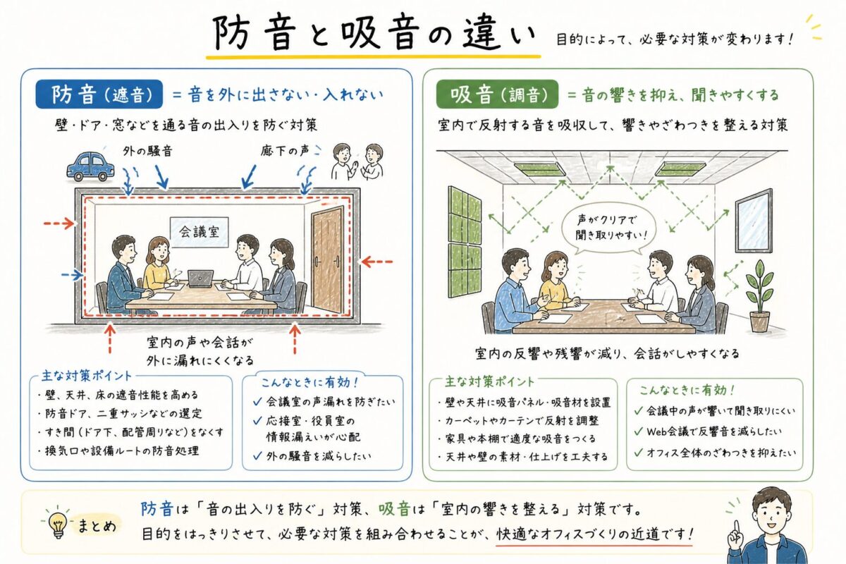 防音と吸音の違いの図解
