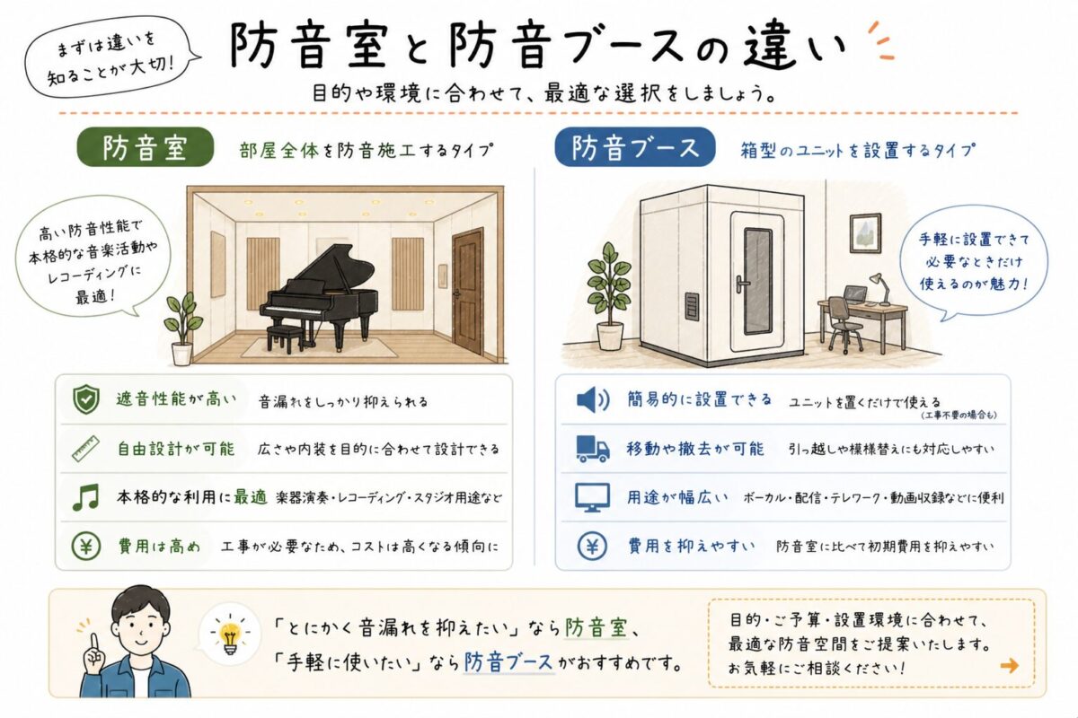 防音室と防音ブースの違いの図解