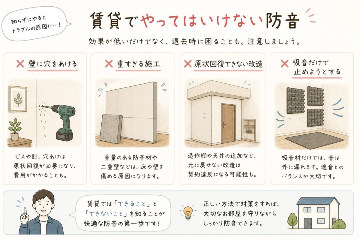 賃貸でやってはいけない防音の図解