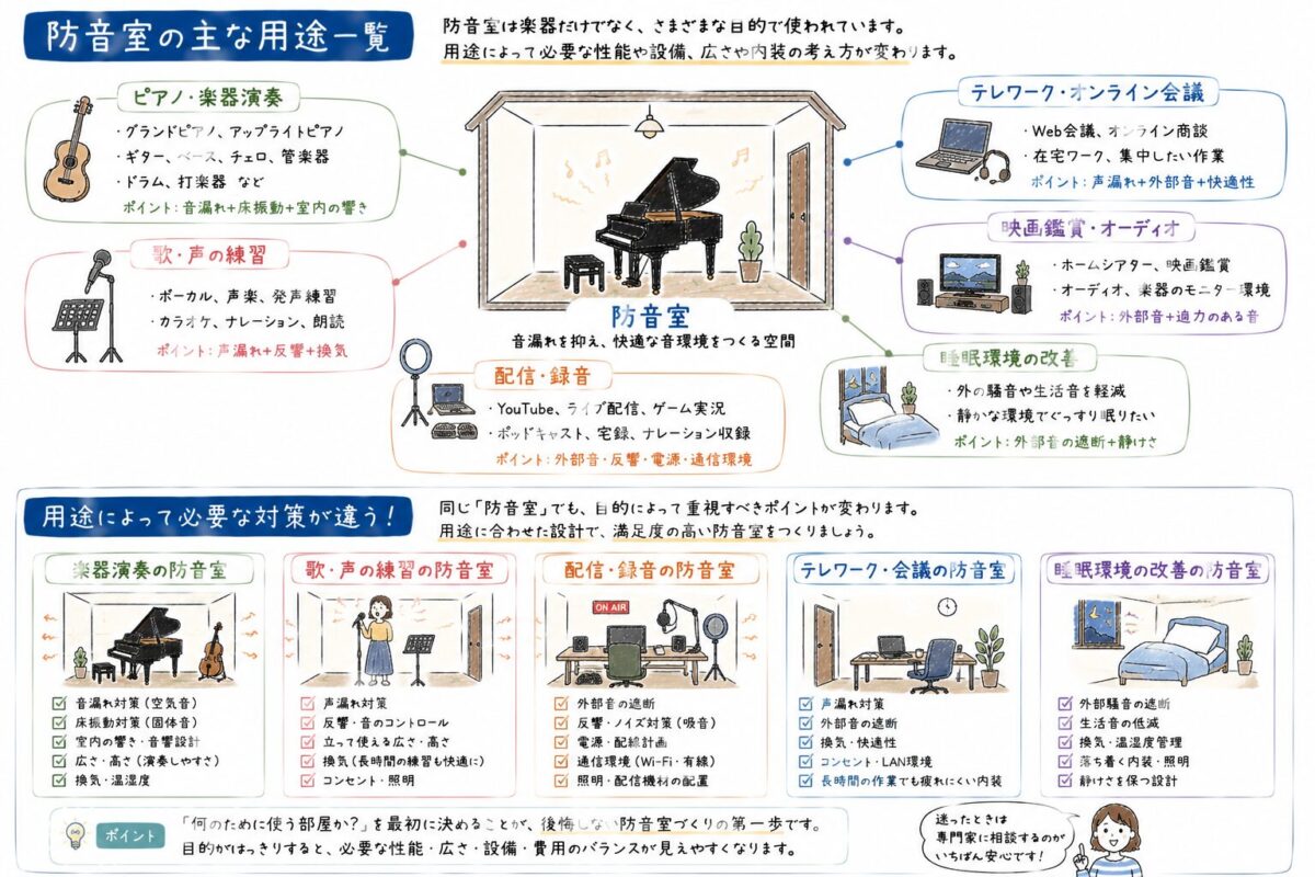 防音工事の費用相場を目的別に整理した手書きイラスト。部分対策、吸音対策、生活音対策、楽器用防音室など、工事内容による費用の違いを解説した図