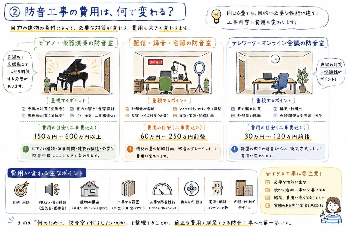 防音工事の費用が変わる理由を説明した手書きイラスト。音の種類、建物構造、工事範囲、必要な防音性能、換気や内装仕上げによって費用が変わることを示した図