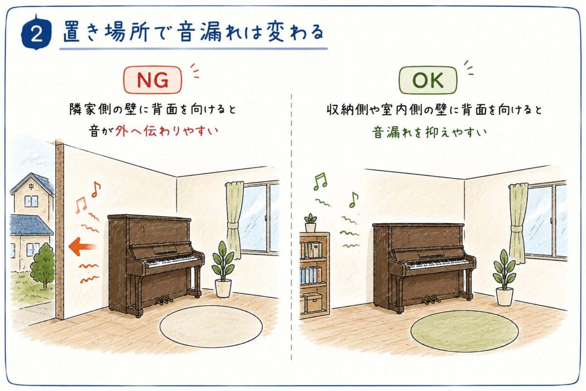 アップライトピアノの置き場所による音漏れの違いを比較した手書きイラスト。