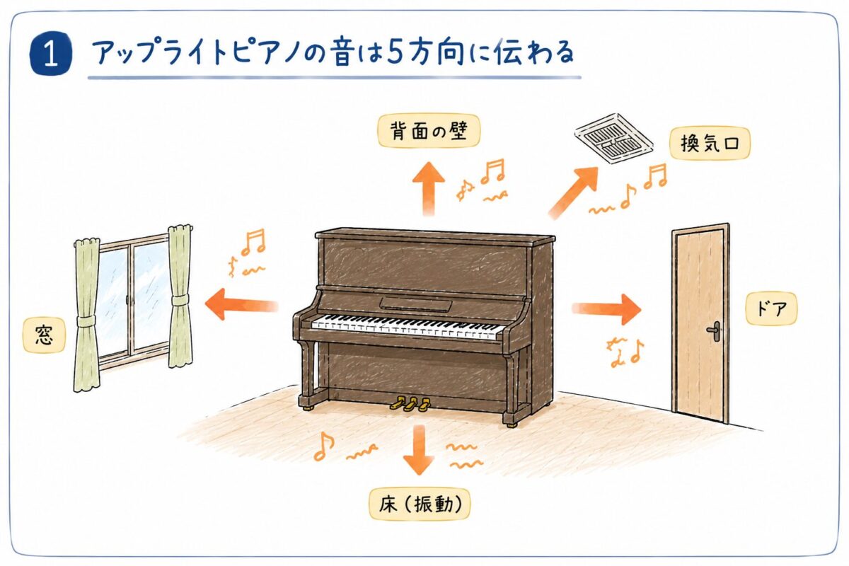 アップライトピアノの音が床、背面の壁、窓、ドア、換気口へ伝わる様子を示した手書きイラスト。